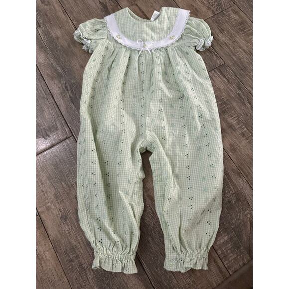 Vintage Rose Cottage Kid's Green gingham one Piece eyelet Romper Size 18M - Picture 1 of 11
